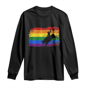 Rodeo Cowboy Bull Rider Western LGBTQ Rainbow Flag Long Sleeve Shirt