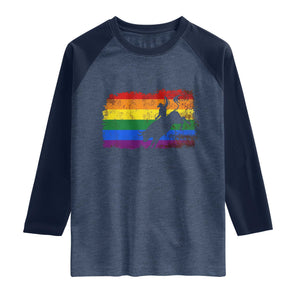 Rodeo Cowboy Bull Rider Western LGBTQ Rainbow Flag Raglan Shirt TS14 Heather Denim Navy Print Your Wear