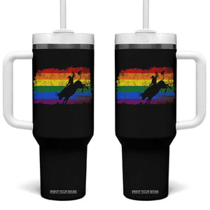Rodeo Cowboy Bull Rider Western LGBTQ Rainbow Flag Tumbler With Handle