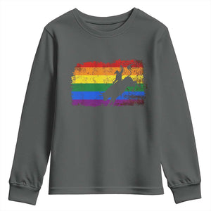 Rodeo Cowboy Bull Rider Western LGBTQ Rainbow Flag Youth Sweatshirt TS14 Dark Heather Print Your Wear