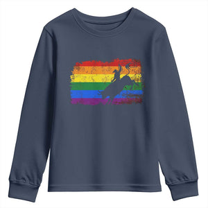 Rodeo Cowboy Bull Rider Western LGBTQ Rainbow Flag Youth Sweatshirt TS14 Navy Print Your Wear