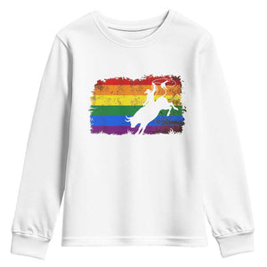 Rodeo Cowboy Bull Rider Western LGBTQ Rainbow Flag Youth Sweatshirt TS14 White Print Your Wear