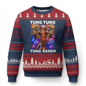 Tung Tung Sahur Italian Brainrot 4th Of July Meme Ugly Christmas Sweater TS14 Navy Red Print Your Wear