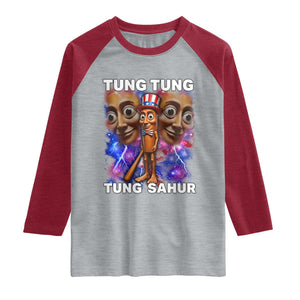 Tung Tung Sahur Italian Brainrot 4th Of July Meme Raglan Shirt TS14 Heather Gray Heather Red Print Your Wear