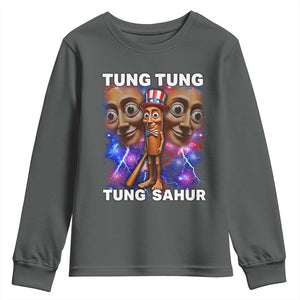Tung Tung Sahur Italian Brainrot 4th Of July Meme Youth Sweatshirt TS14 Dark Heather Print Your Wear