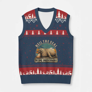 Neil The Seal Become Ungovernable V-Neck Knit Sweater Vest Funny Elephant Seal Meme TS14 Navy Red Print Your Wear