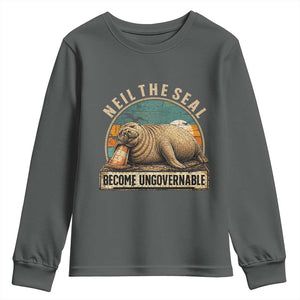 Neil The Seal Become Ungovernable Youth Sweatshirt Funny Elephant Seal Meme TS14 Dark Heather Print Your Wear