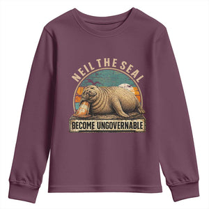 Neil The Seal Become Ungovernable Youth Sweatshirt Funny Elephant Seal Meme TS14 Maroon Print Your Wear