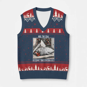 Neil The Seal Become Ungovernable V-Neck Knit Sweater Vest Vintage Elephant Seal Animal Meme TS14 Navy Red Print Your Wear