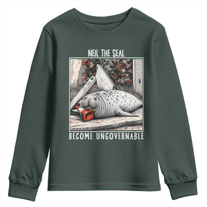 Neil The Seal Become Ungovernable Youth Sweatshirt Vintage Elephant Seal Animal Meme TS14 Dark Forest Green Print Your Wear