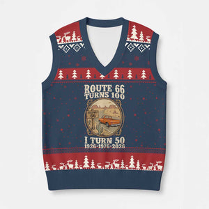 Highway 66 Turn 100 I Turn 50 V-Neck Knit Sweater Vest Vintage 100 Years 100 Year Centennial Anniversary Souvenir 1926-2026 TS14 Navy Red Print Your Wear