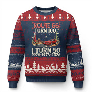 Highway 66 Turn 100 I Turn 50 Ugly Christmas Sweater Vintage 1976 Road Sign Classic Muscle Car Lover 50 Year Old Gift TS14 Navy Red Print Your Wear