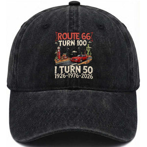 Highway 66 Turn 100 I Turn 50 Washed Cotton Baseball Cap Vintage 1976 Road Sign Classic Muscle Car Lover 50 Year Old Gift TS14 Print Your Wear