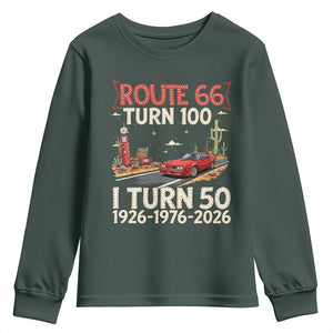 Highway 66 Turn 100 I Turn 50 Youth Sweatshirt Vintage 1976 Road Sign Classic Muscle Car Lover 50 Year Old Gift TS14 Dark Forest Green Print Your Wear