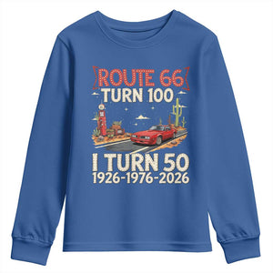 Highway 66 Turn 100 I Turn 50 Youth Sweatshirt Vintage 1976 Road Sign Classic Muscle Car Lover 50 Year Old Gift TS14 Royal Blue Print Your Wear