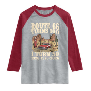 Highway 66 Turn 100 I Turn 50 Raglan Shirt Vintage 1976 Road Sign American Muscle Car Lover 50 Year Old Gift TS14 Heather Gray Heather Red Print Your Wear