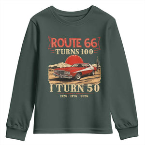 Highway 66 Turn 100 I Turn 50 Youth Sweatshirt Vintage 1976 Road Sign Classic Muscle Car Lover 50th Birthday Gift TS14 Dark Forest Green Print Your Wear