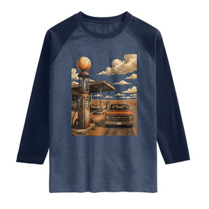 Highway 66 Classic Gas Pump Desert Classic Pickup Truck Car Lover Raglan Shirt TS14 Heather Denim Navy Print Your Wear
