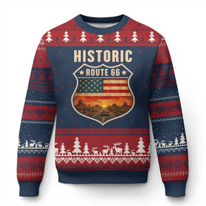 Historic Highway 66 Ugly Christmas Sweater Vintage American Road Sign Americana Road Trip TS14 Navy Red Print Your Wear