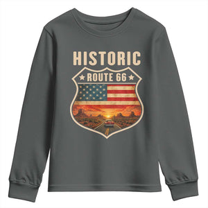 Historic Highway 66 Youth Sweatshirt Vintage American Road Sign Americana Road Trip TS14 Dark Heather Print Your Wear