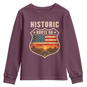 Historic Highway 66 Youth Sweatshirt Vintage American Road Sign Americana Road Trip TS14 Maroon Print Your Wear