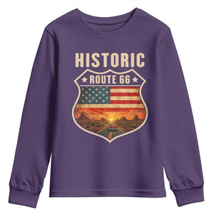 Historic Highway 66 Youth Sweatshirt Vintage American Road Sign Americana Road Trip TS14 Purple Print Your Wear