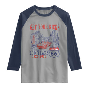 Highway 66 Get Your Kicks Centennial Road Trip 1926-2026 Raglan Shirt TS14 Sport Gray Navy Print Your Wear