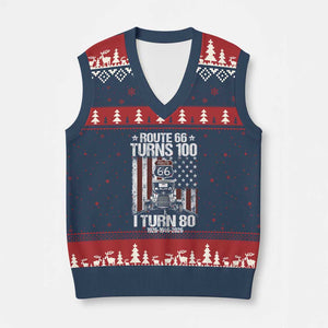 Route Highway 66 Turns 100 I Turn 80 V-Neck Knit Sweater Vest Vintage 1946 America Road Sign America Antique Car Lover 80th Birthday Gift