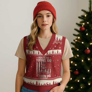 Route Highway 66 Turns 100 I Turn 80 V-Neck Knit Sweater Vest Vintage 1946 America Road Sign America Antique Car Lover 80th Birthday Gift