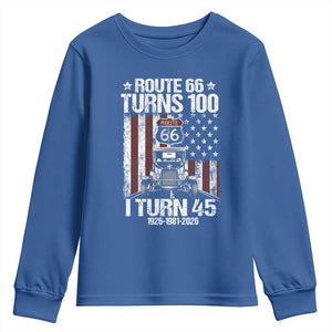 Route Highway 66 Turns 100 I Turn 45 Youth Sweatshirt Vintage 1981 America Road Sign America Antique Car Lover 45th Birthday Gift