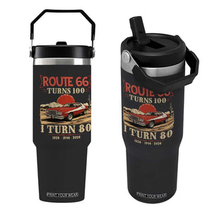 Route Highway 66 Turns 100 I Turn 80 Flip Straw Tumbler Vintage 1946 Road Sign 80th Birthday Muscle Car Lover Gift