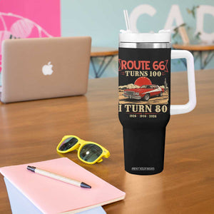 Route Highway 66 Turns 100 I Turn 80 Tumbler With Handle Vintage 1946 Road Sign 80th Birthday Muscle Car Lover Gift