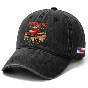 Route Highway 66 Turns 100 I Turn 75 Washed Cotton Baseball Cap Vintage 1951 Road Sign 75th Birthday Muscle Car Lover Gift
