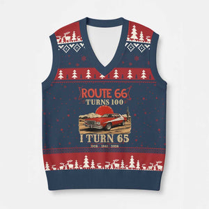 Route Highway 66 Turns 100 I Turn 65 V-Neck Knit Sweater Vest Vintage 1961 Road Sign 65th Birthday Muscle Car Lover Gift