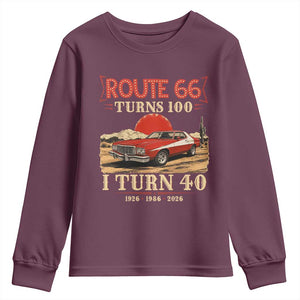 Route Highway 66 Turns 100 I Turn 40 Youth Sweatshirt Vintage 1986 Road Sign 40th Birthday Muscle Car Lover Gift
