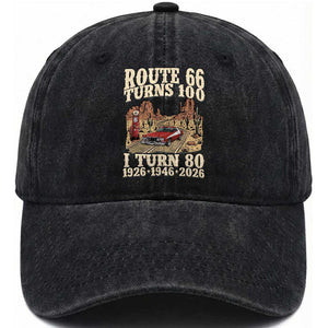 Route Highway 66 Turns 100 I Turn 80 Washed Cotton Baseball Cap Vintage 1946 Road Sign American Muscle Car Lover 80th Birthday Gift