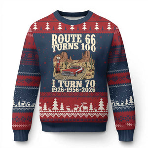 Route Highway 66 Turns 100 I Turn 70 Ugly Christmas Sweater Vintage 1956 Road Sign American Muscle Car Lover 70th Birthday Gift