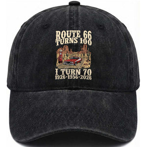 Route Highway 66 Turns 100 I Turn 70 Washed Cotton Baseball Cap Vintage 1956 Road Sign American Muscle Car Lover 70th Birthday Gift