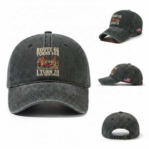 Route Highway 66 Turns 100 I Turn 70 Washed Cotton Baseball Cap Vintage 1956 Road Sign American Muscle Car Lover 70th Birthday Gift