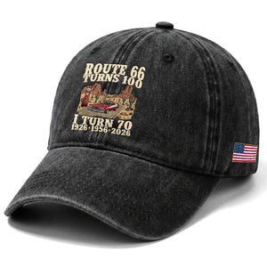 Route Highway 66 Turns 100 I Turn 70 Washed Cotton Baseball Cap Vintage 1956 Road Sign American Muscle Car Lover 70th Birthday Gift