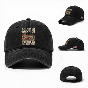 Route Highway 66 Turns 100 I Turn 70 Washed Cotton Baseball Cap Vintage 1956 Road Sign American Muscle Car Lover 70th Birthday Gift
