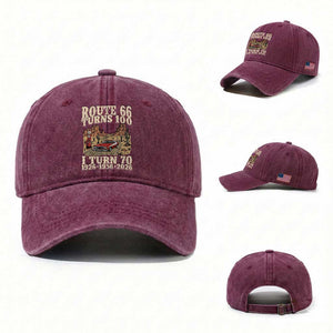 Route Highway 66 Turns 100 I Turn 70 Washed Cotton Baseball Cap Vintage 1956 Road Sign American Muscle Car Lover 70th Birthday Gift