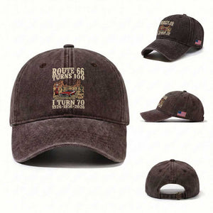 Route Highway 66 Turns 100 I Turn 70 Washed Cotton Baseball Cap Vintage 1956 Road Sign American Muscle Car Lover 70th Birthday Gift