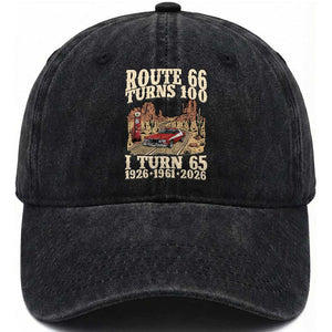 Route Highway 66 Turns 100 I Turn 65 Washed Cotton Baseball Cap Vintage 1961 Road Sign American Muscle Car Lover 65th Birthday Gift