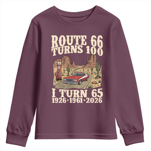 Route Highway 66 Turns 100 I Turn 65 Youth Sweatshirt Vintage 1961 Road Sign American Muscle Car Lover 65th Birthday Gift