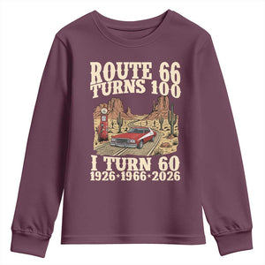 Route Highway 66 Turns 100 I Turn 60 Youth Sweatshirt Vintage 1966 Road Sign American Muscle Car Lover 60th Birthday Gift