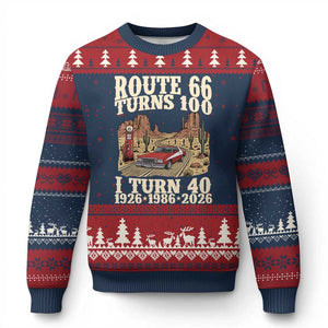 Route Highway 66 Turns 100 I Turn 40 Ugly Christmas Sweater Vintage 1986 Road Sign American Muscle Car Lover 40th Birthday Gift