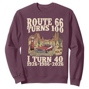 Route Highway 66 Turns 100 I Turn 40 Sweatshirt Vintage 1986 Road Sign American Muscle Car Lover 40th Birthday Gift