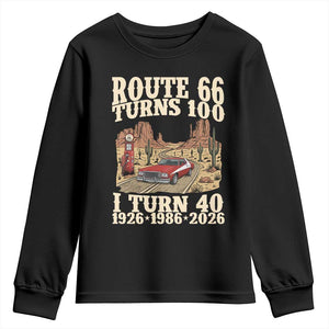 Route Highway 66 Turns 100 I Turn 40 Youth Sweatshirt Vintage 1986 Road Sign American Muscle Car Lover 40th Birthday Gift