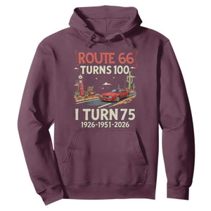 Route Highway 66 Turns 100 I Turn 75 Hoodie Vintage 1951 Road Sign Classic Muscle Car Lover 75th Birthday Gift